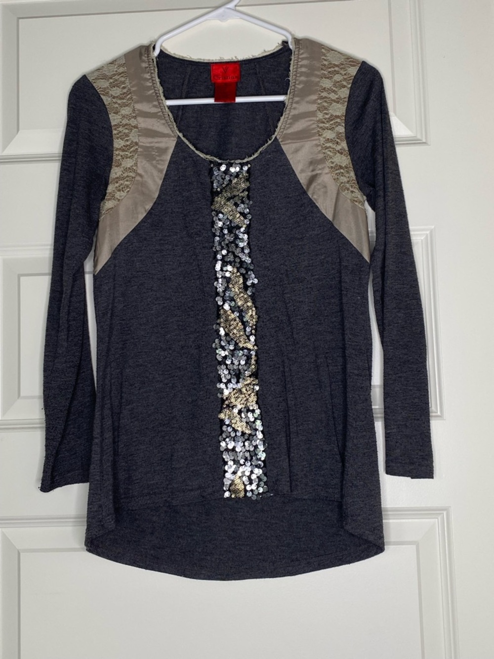 Christina Charcoal Long-Sleeve Top with Sequin Center Panel